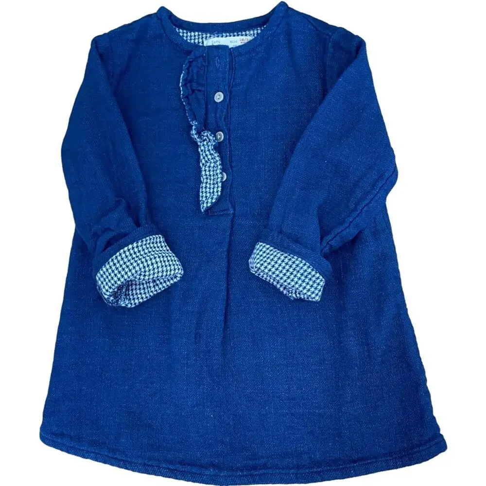 Zara toddler dress dark soft denim cotton Gingham contrast cuff Ruffle 18-24 mos